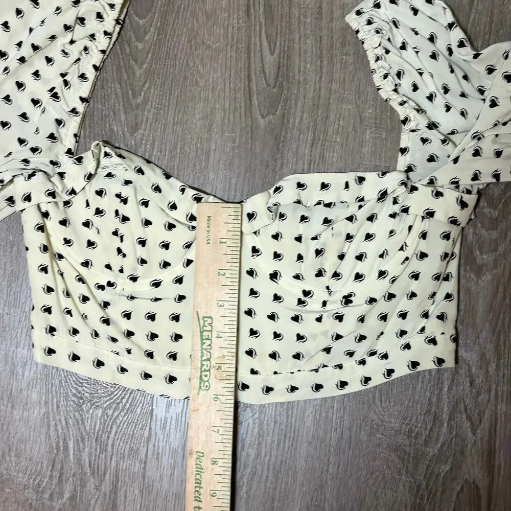 For Love & Lemons Sweetheart Crop Top Creme Heart Print Puff Sleeve Bustier Sz M